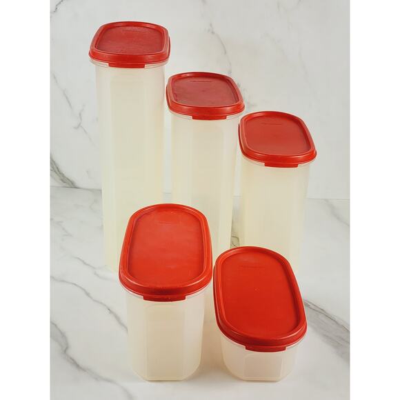 Tupperware Storage Container Set w/ Red Lid 2 Cups to 12 1/4 Cups USA x5 - Picture 1 of 16